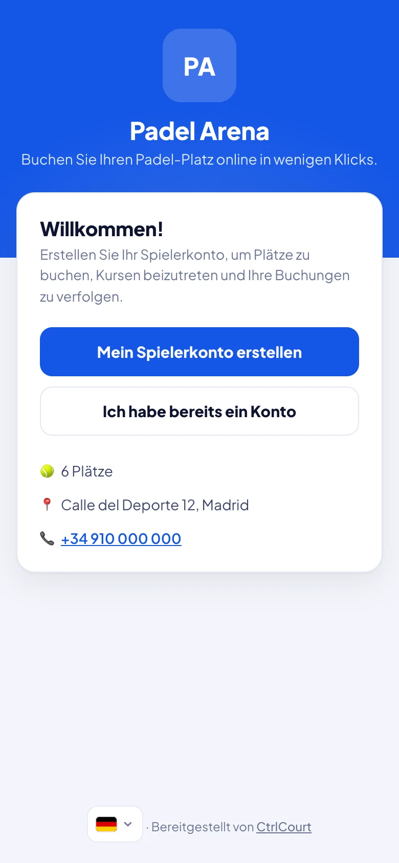 Club-Buchungsseite mit eigenem Logo und eigenen Farben