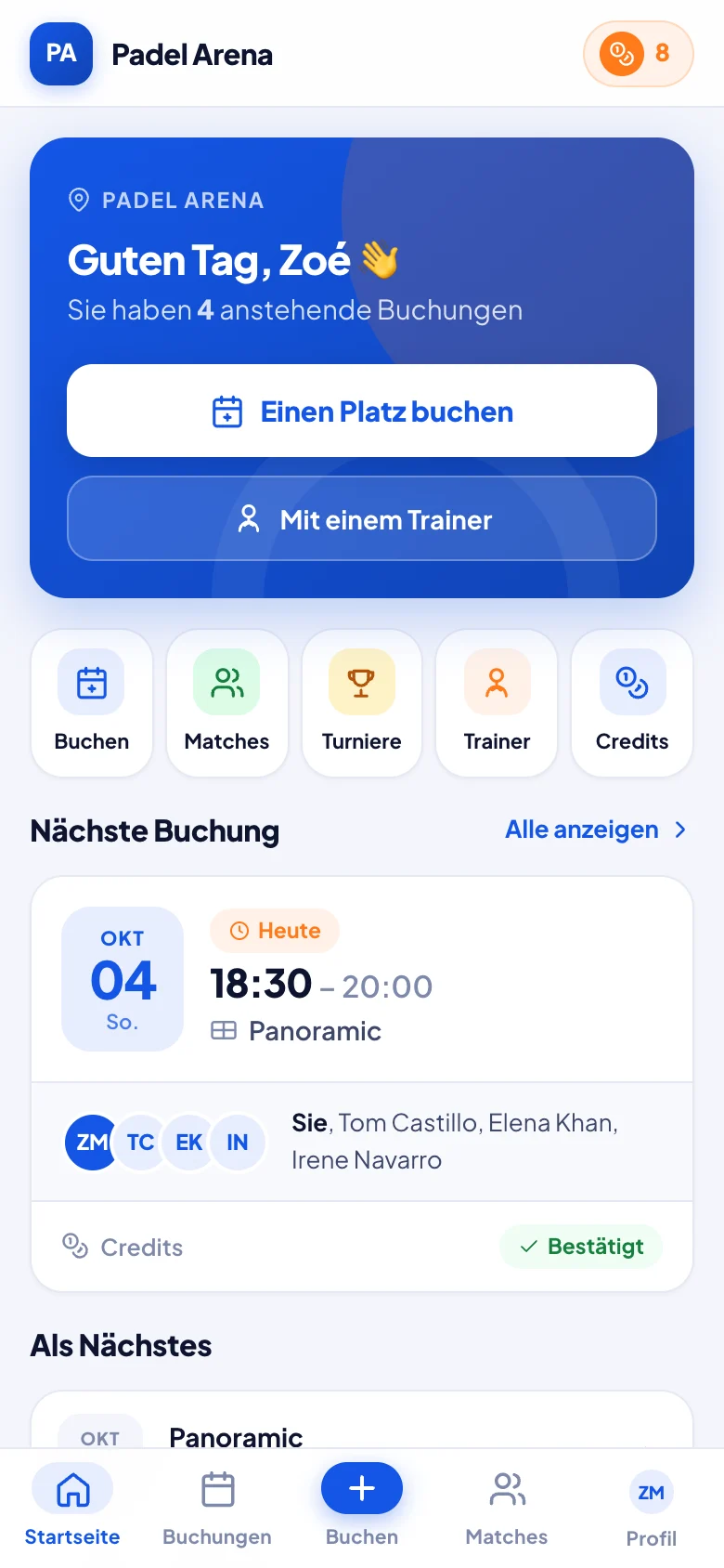 Spielerbereich der Padel-Buchungs-App