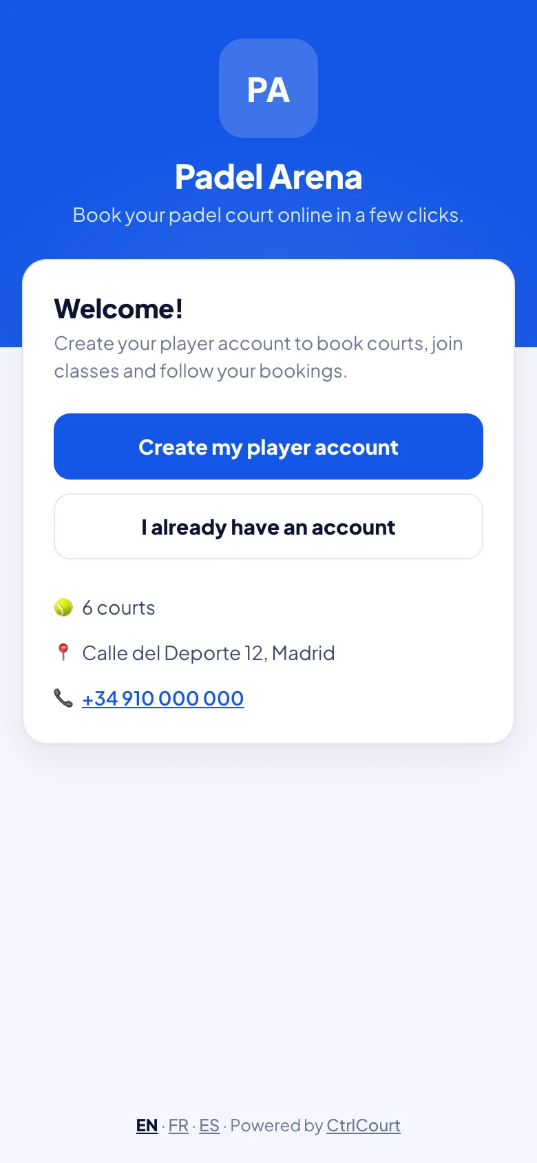 Club booking page with its own logo and colours