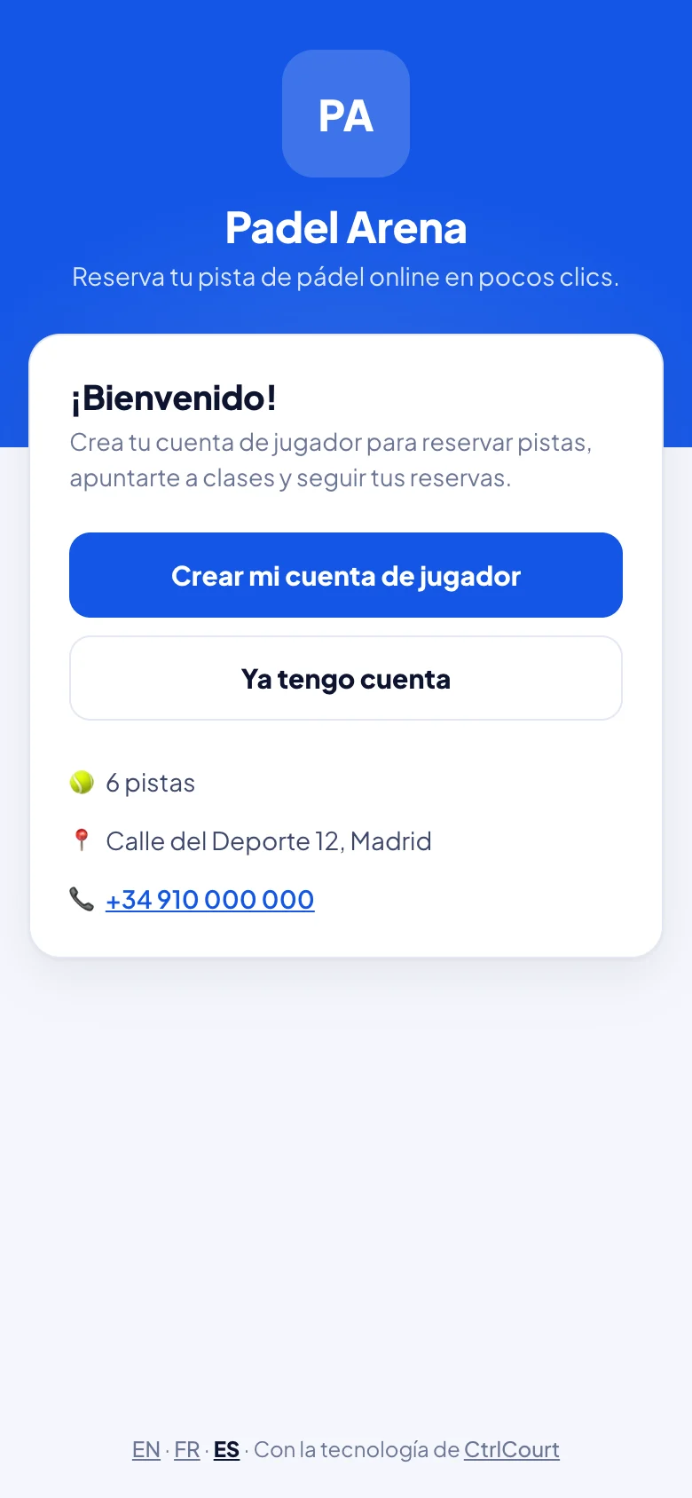 Página de reservas del club, con su logo y sus colores