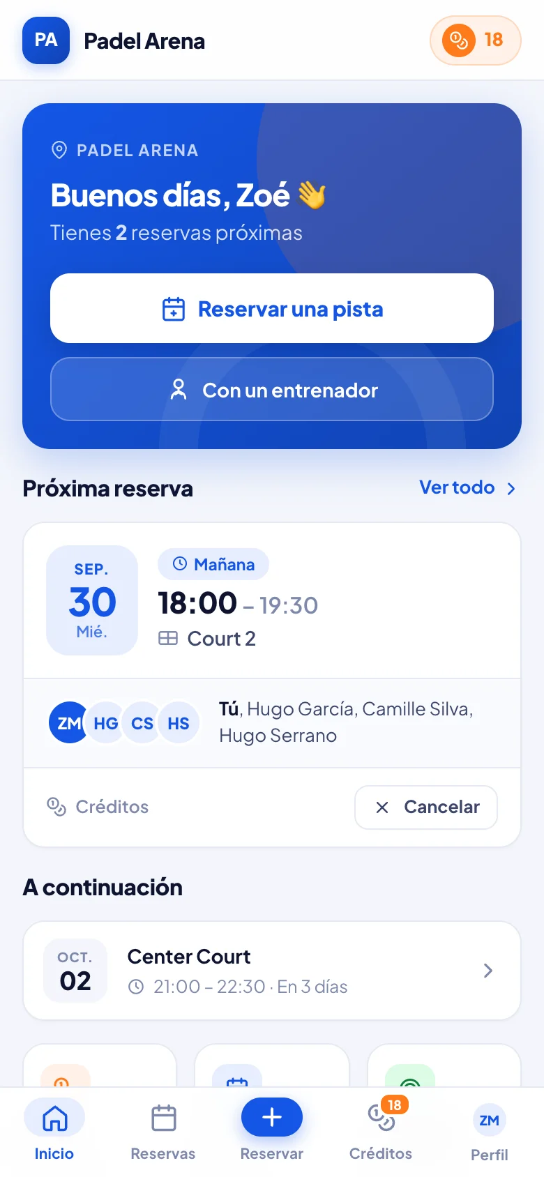 Pantalla de inicio del jugador en la app de reservas de pádel