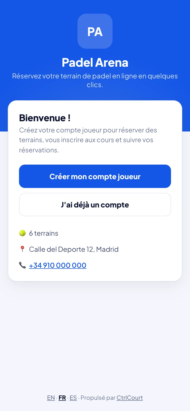 Page de réservation du club, avec son logo et ses couleurs