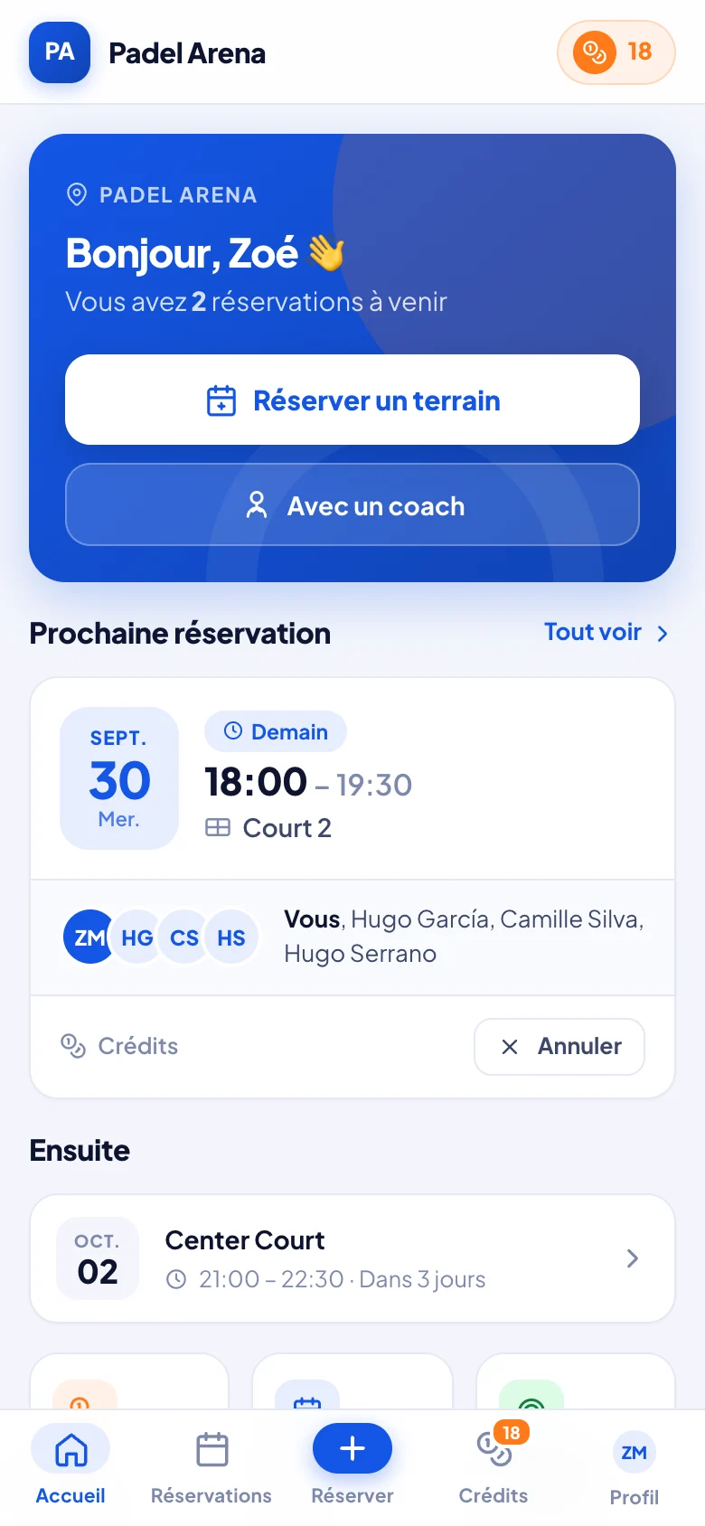 Accueil joueur de l'application de réservation de padel