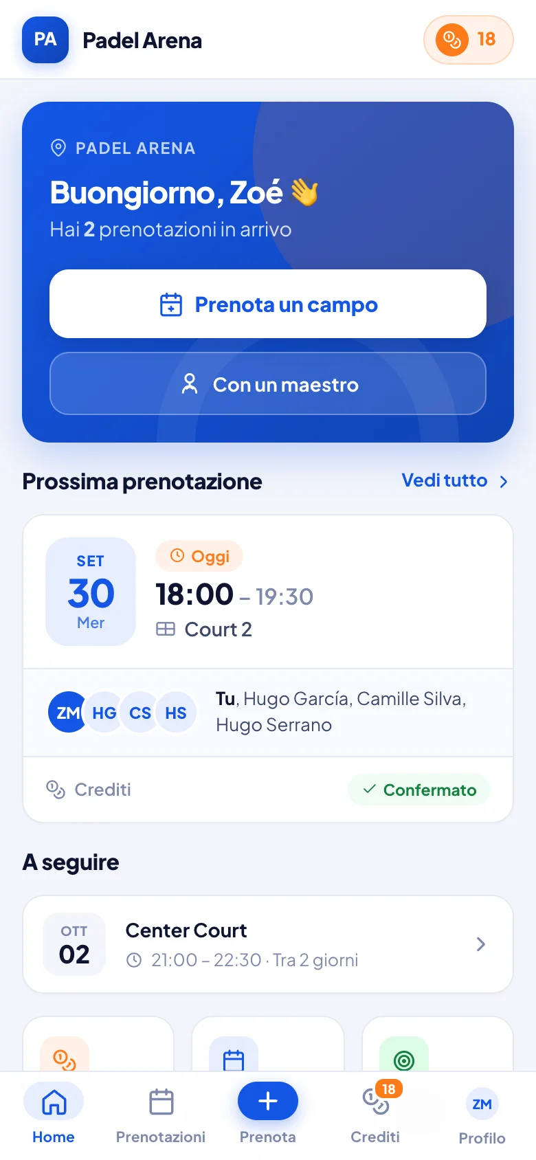 Schermata iniziale del giocatore nell'app di prenotazione padel