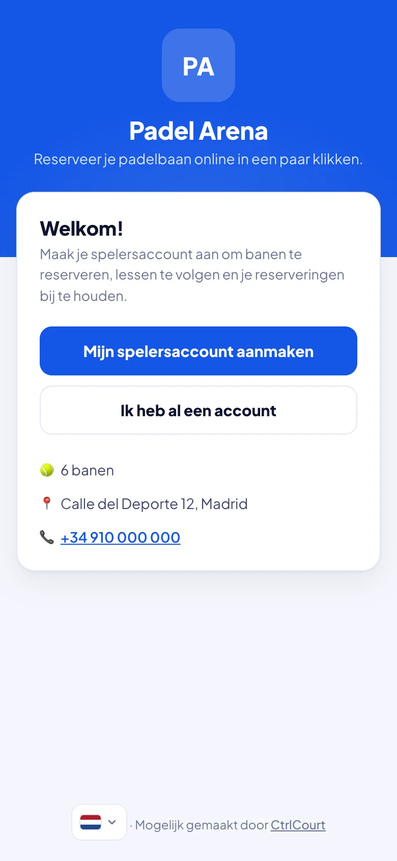 Reserveringspagina van de club met eigen logo en kleuren