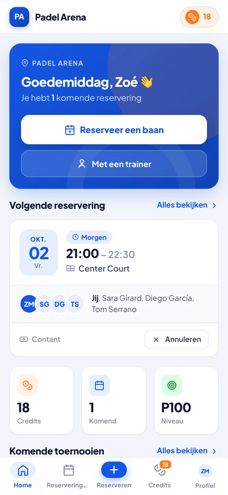 Startscherm voor spelers van de padel-reserveringsapp