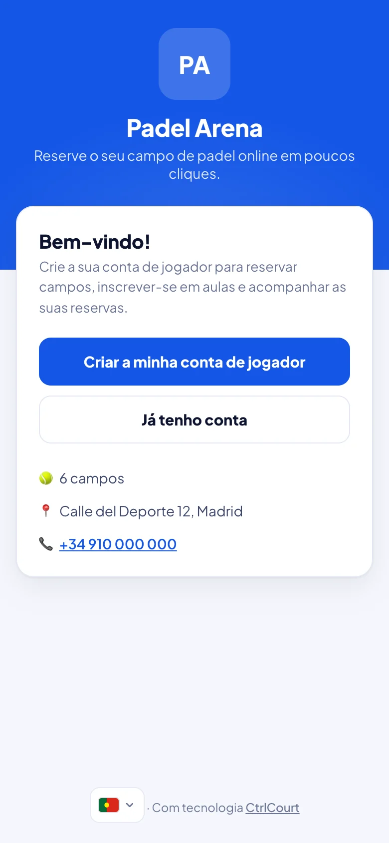 Página de reservas do clube com logótipo e cores próprios