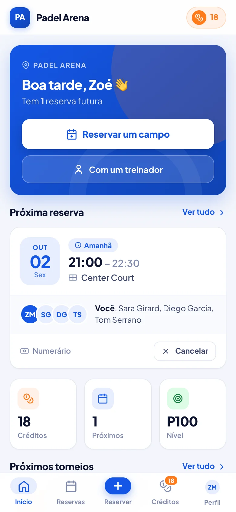 Ecrã inicial do jogador na app de reservas de padel