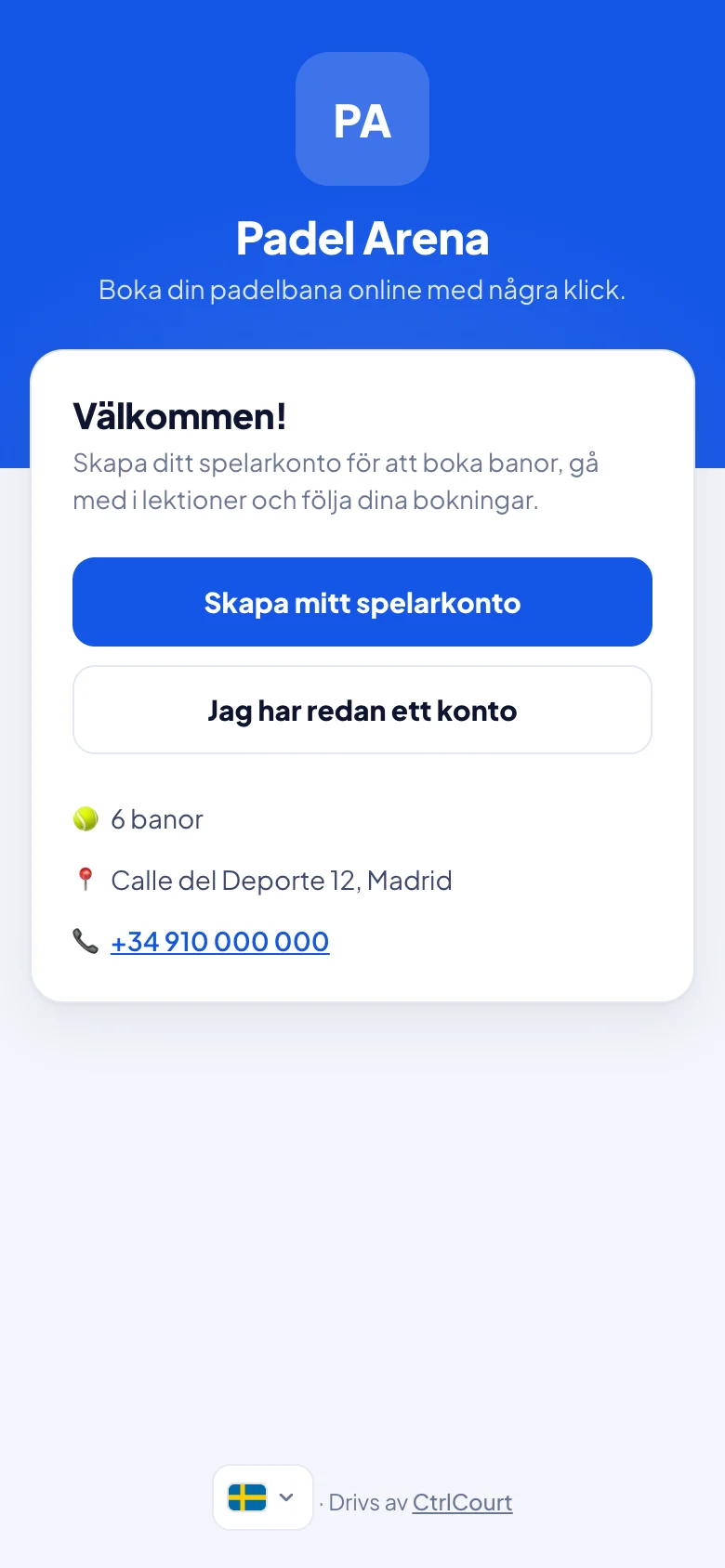 Klubbens bokningssida med egen logotyp och egna färger